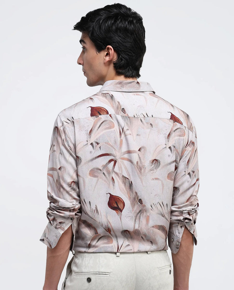 Rare Rabbit Men's Bowon-1 Light Brown Viscose Tropical Print Regular Fit Full Sleeve Collared Shirt
