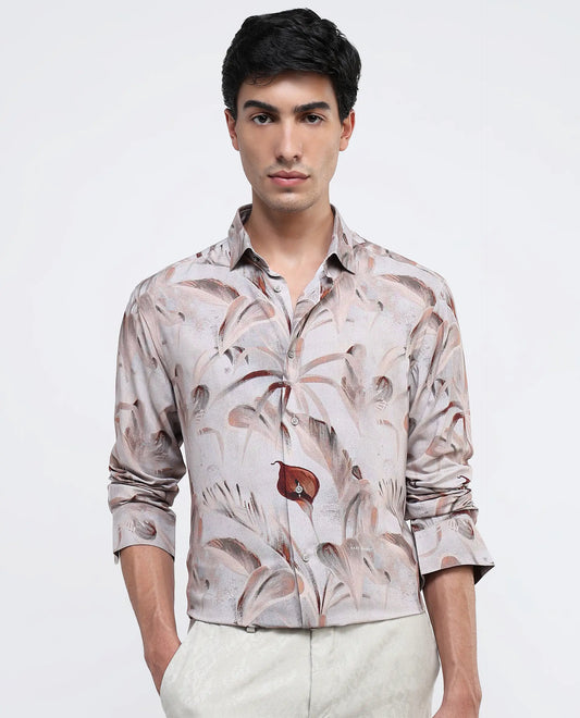 Rare Rabbit Men's Bowon-1 Light Brown Viscose Tropical Print Regular Fit Full Sleeve Collared Shirt