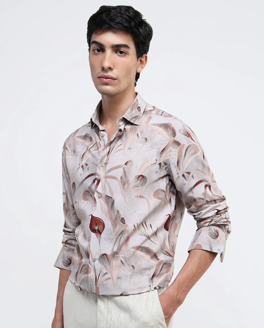 Rare Rabbit Men's Bowon-1 Light Brown Viscose Tropical Print Regular Fit Full Sleeve Collared Shirt