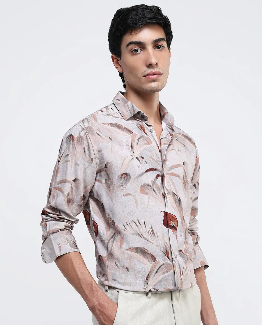 Rare Rabbit Men's Bowon-1 Light Brown Viscose Tropical Print Regular Fit Full Sleeve Collared Shirt