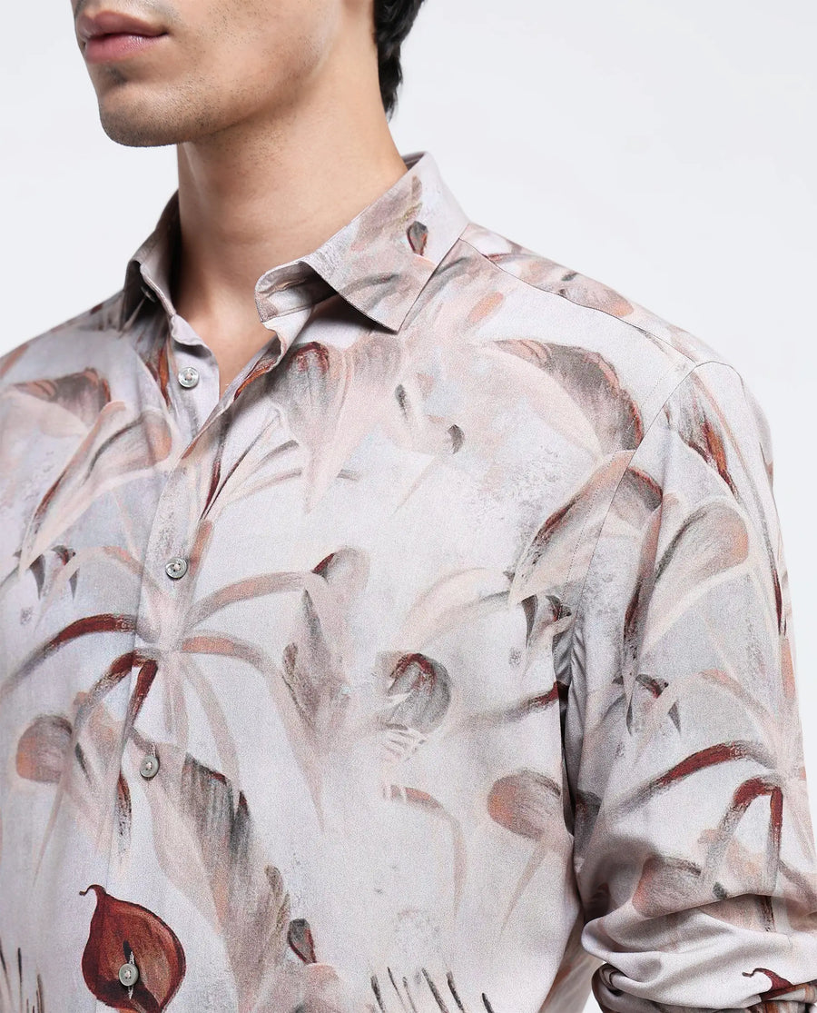 Rare Rabbit Men's Bowon-1 Light Brown Viscose Tropical Print Regular Fit Full Sleeve Collared Shirt