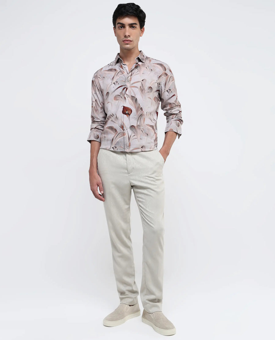 Rare Rabbit Men's Bowon-1 Light Brown Viscose Tropical Print Regular Fit Full Sleeve Collared Shirt