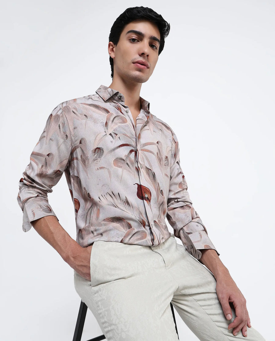 Rare Rabbit Men's Bowon-1 Light Brown Viscose Tropical Print Regular Fit Full Sleeve Collared Shirt