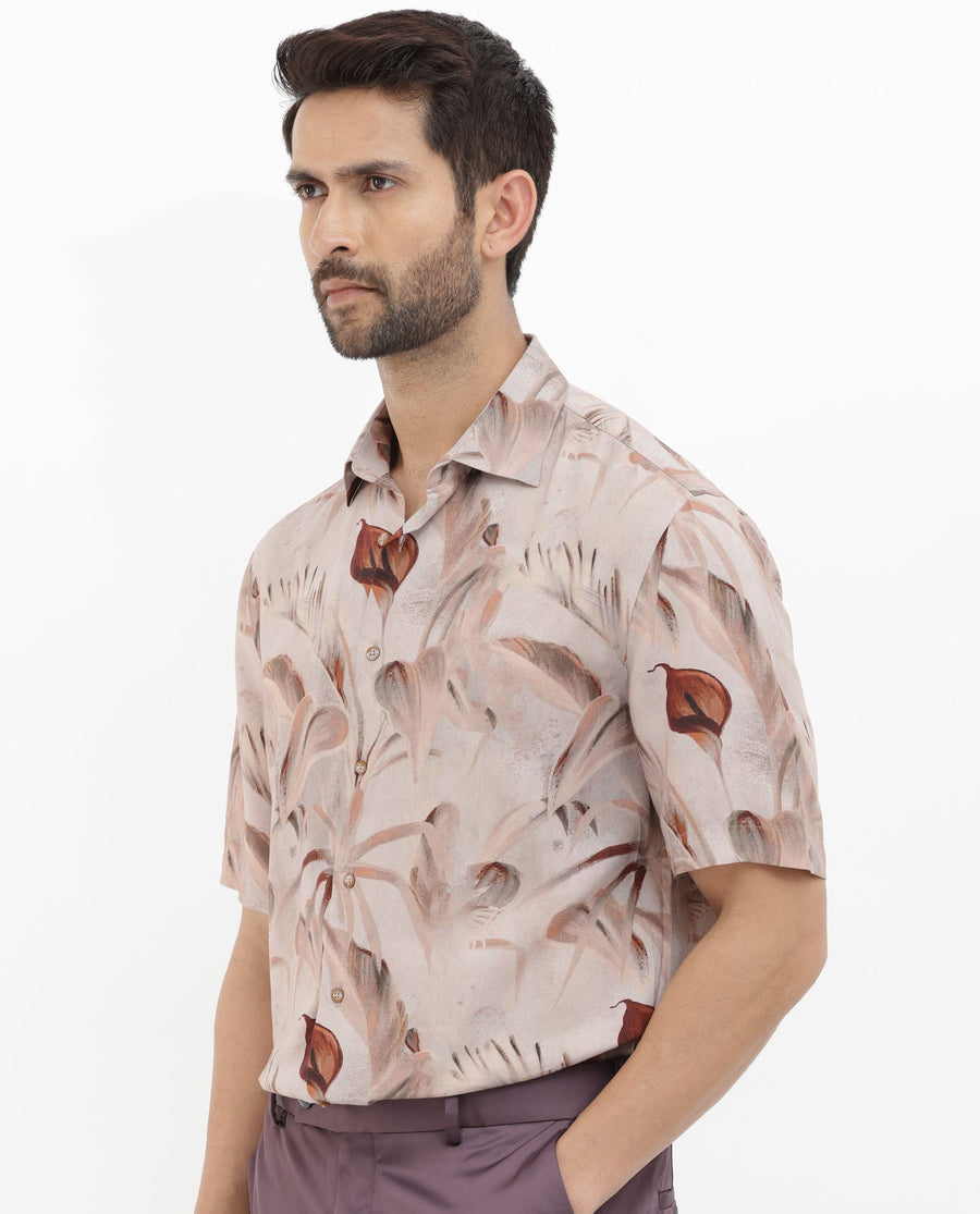 Rare Rabbit Men's Bowon Ss Light Brown Viscose Tropical Print Boxy Fit Half Sleeve Collared Shirt