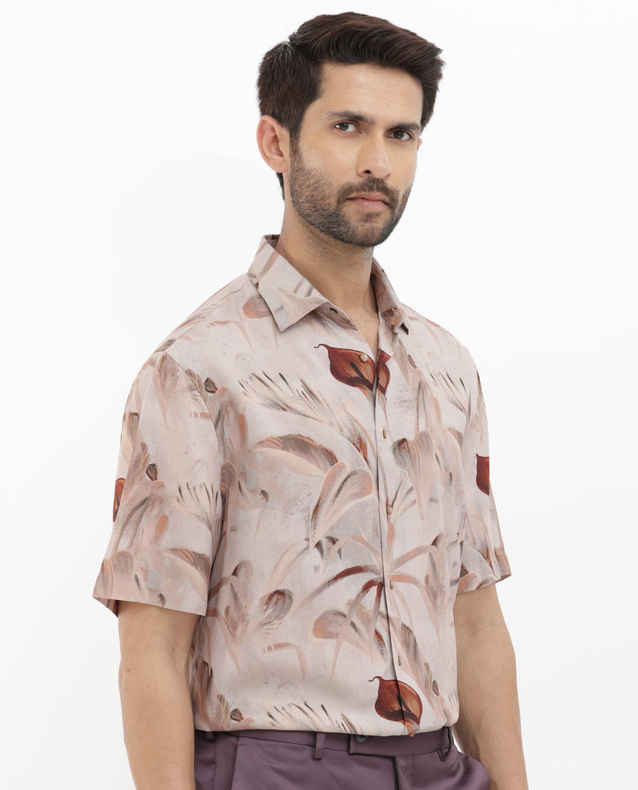 Rare Rabbit Men's Bowon Ss Light Brown Viscose Tropical Print Boxy Fit Half Sleeve Collared Shirt