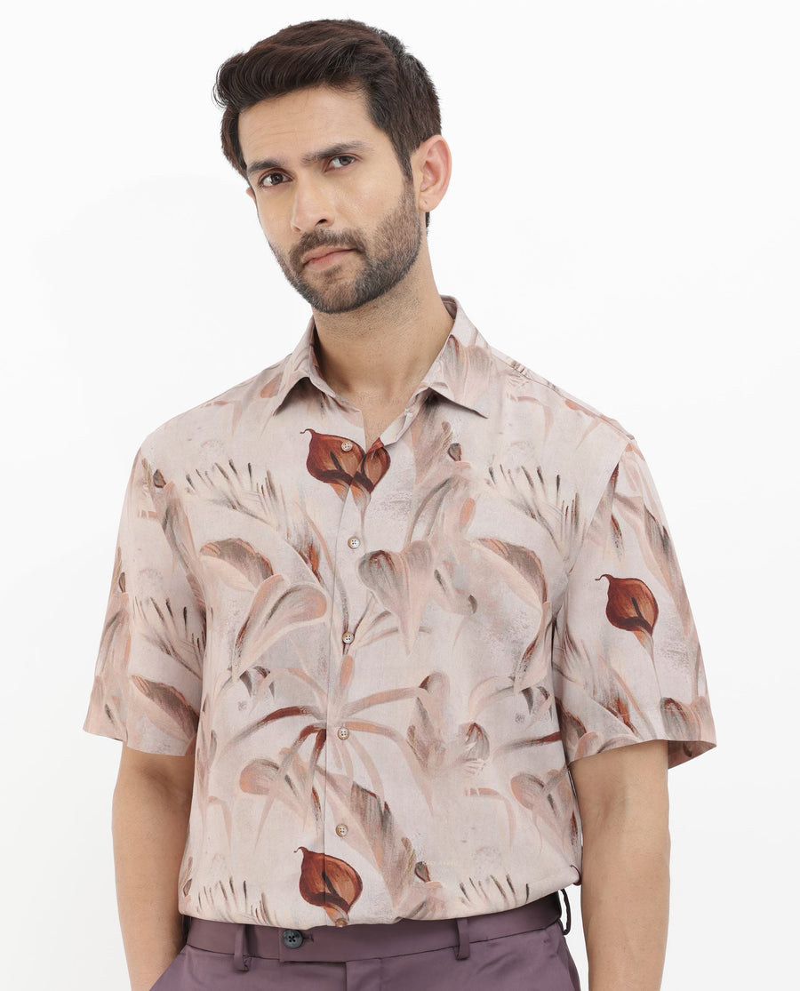 Rare Rabbit Men's Bowon Ss Light Brown Viscose Tropical Print Boxy Fit Half Sleeve Collared Shirt