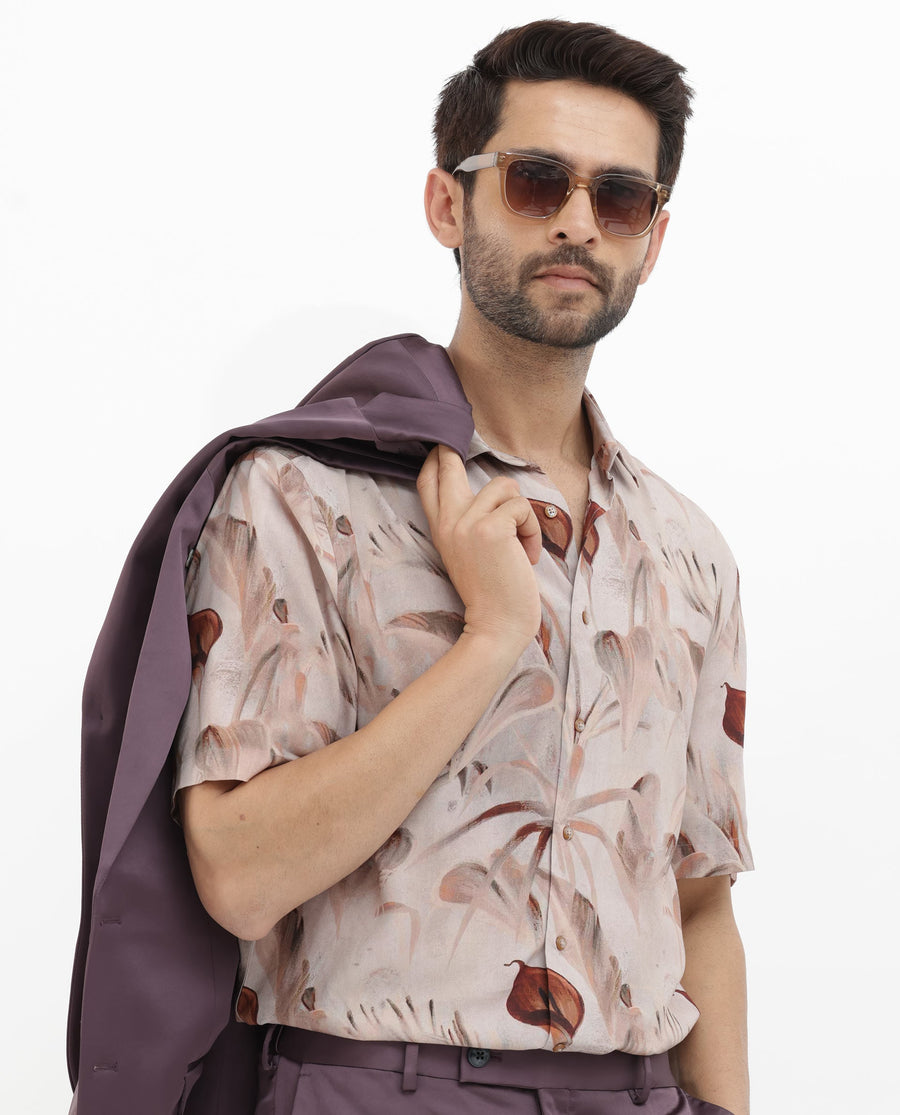 Rare Rabbit Men's Bowon Ss Light Brown Viscose Tropical Print Boxy Fit Half Sleeve Collared Shirt
