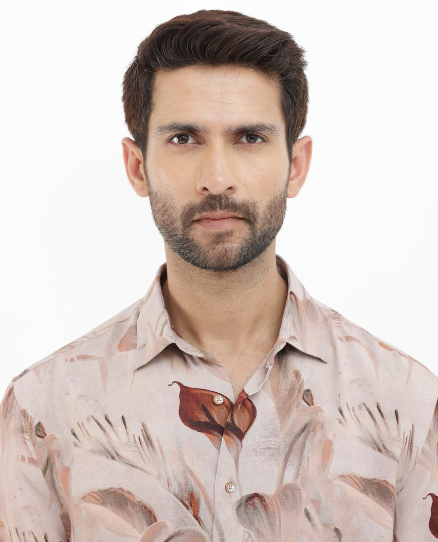 Rare Rabbit Men's Bowon Ss Light Brown Viscose Tropical Print Boxy Fit Half Sleeve Collared Shirt