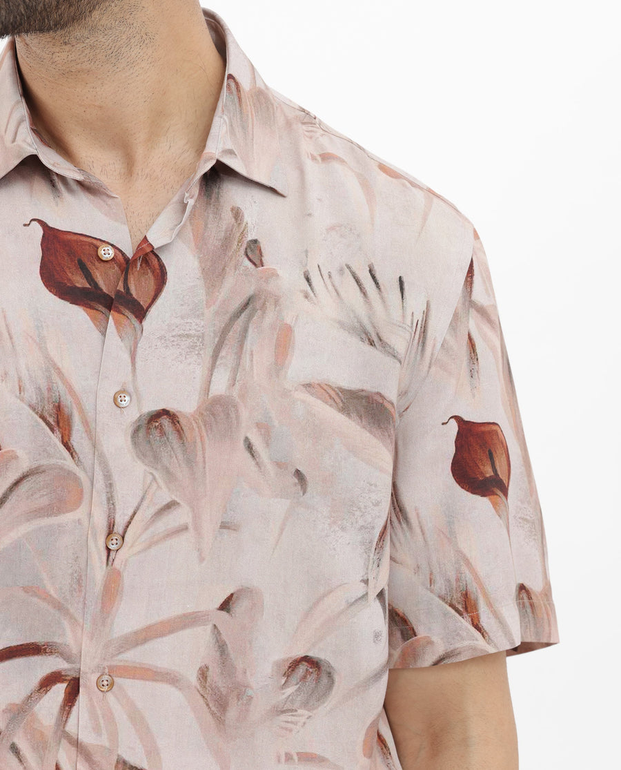 Rare Rabbit Men's Bowon Ss Light Brown Viscose Tropical Print Boxy Fit Half Sleeve Collared Shirt