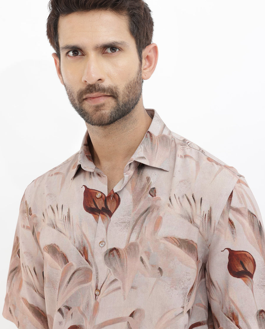 Rare Rabbit Men's Bowon Ss Light Brown Viscose Tropical Print Boxy Fit Half Sleeve Collared Shirt