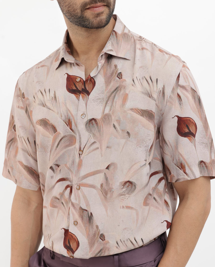 Rare Rabbit Men's Bowon Ss Light Brown Viscose Tropical Print Boxy Fit Half Sleeve Collared Shirt