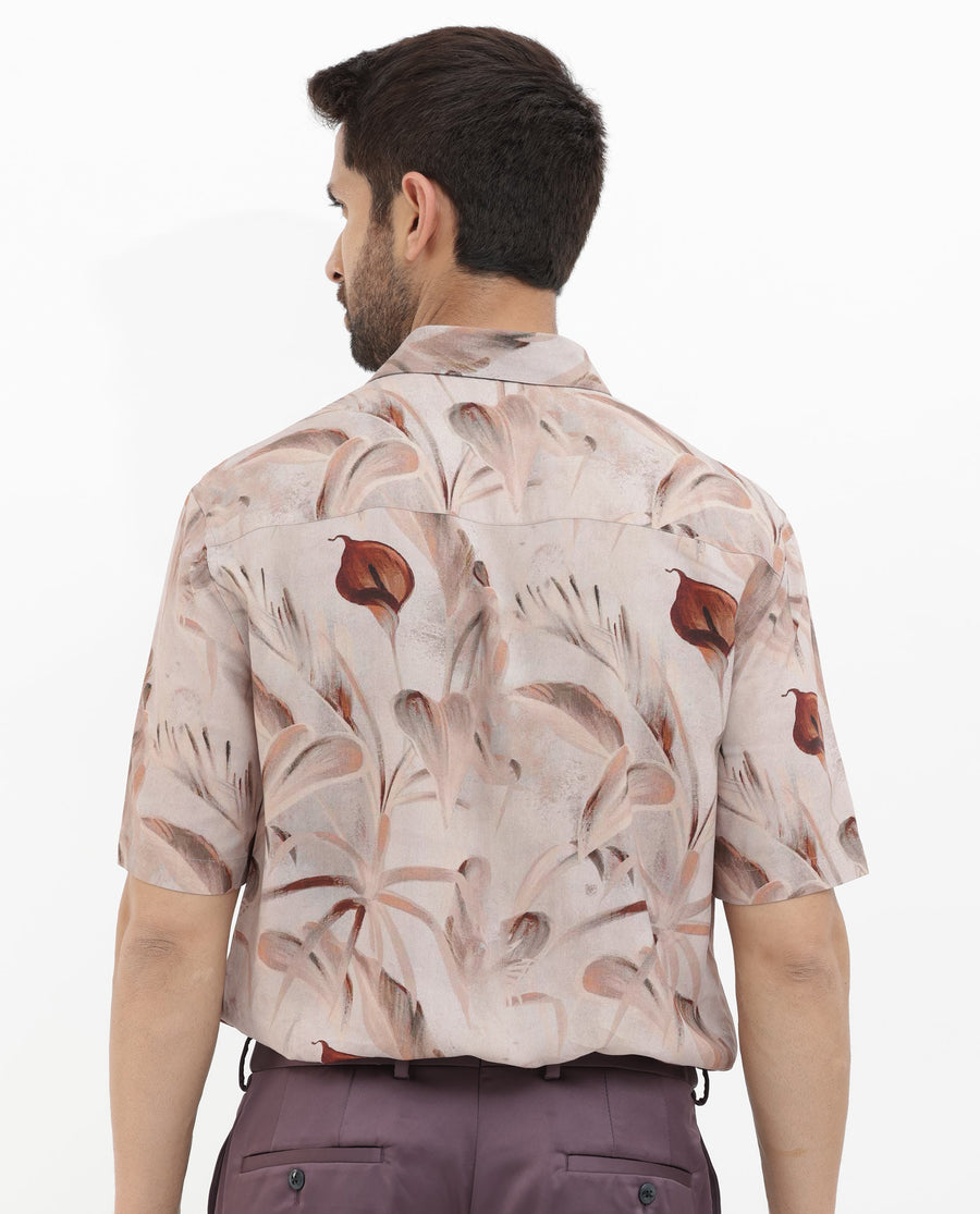 Rare Rabbit Men's Bowon Ss Light Brown Viscose Tropical Print Boxy Fit Half Sleeve Collared Shirt