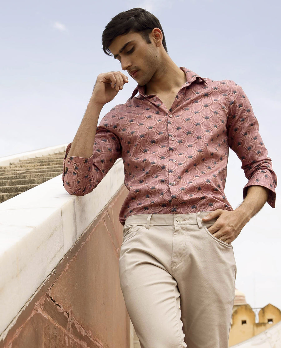 Rare Rabbit Men's Bowy Pink Cotton Geometric Print Regular Fit Full Sleeve Collared Shirt