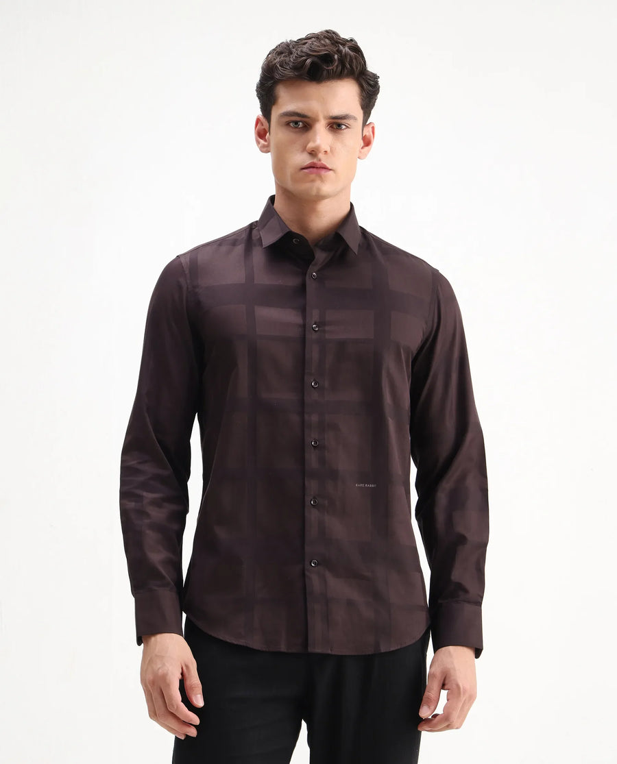 Rare Rabbit Men's Boxlet 25 Coffee Cotton Blend Checked Print Regular Fit Full Sleeve Collared Shirt