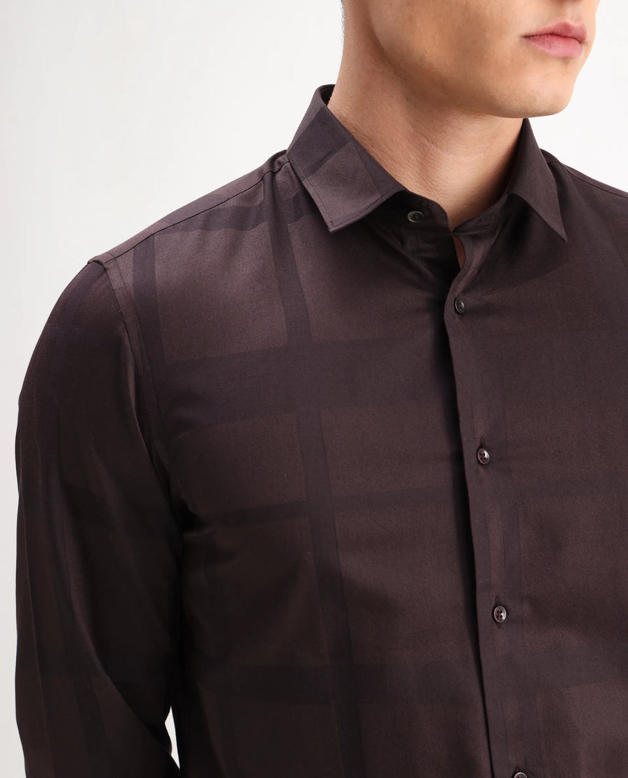 Rare Rabbit Men's Boxlet 25 Coffee Cotton Blend Checked Print Regular Fit Full Sleeve Collared Shirt