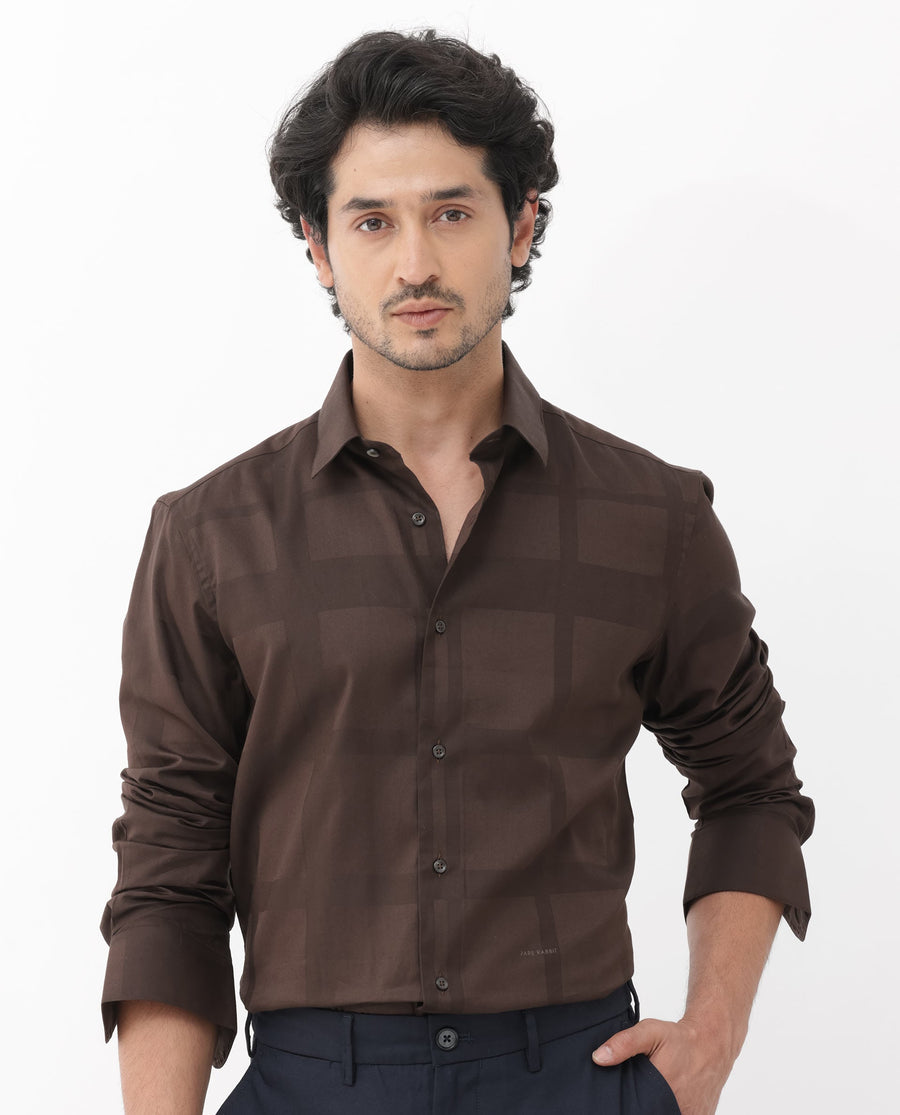 Rare Rabbit Men's Boxline5 Brown Cotton Blend Checked Print Regular Fit Full Sleeve Collared Shirt