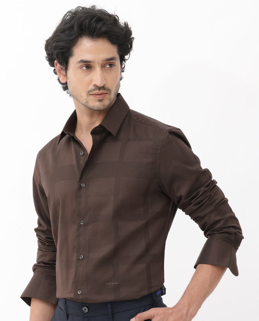 Rare Rabbit Men's Boxline5 Brown Cotton Blend Checked Print Regular Fit Full Sleeve Collared Shirt