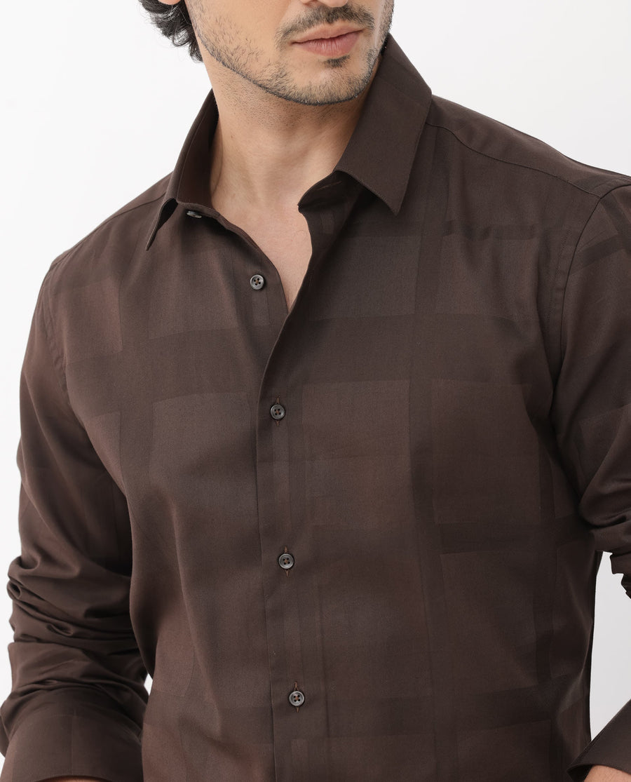 Rare Rabbit Men's Boxline5 Brown Cotton Blend Checked Print Regular Fit Full Sleeve Collared Shirt