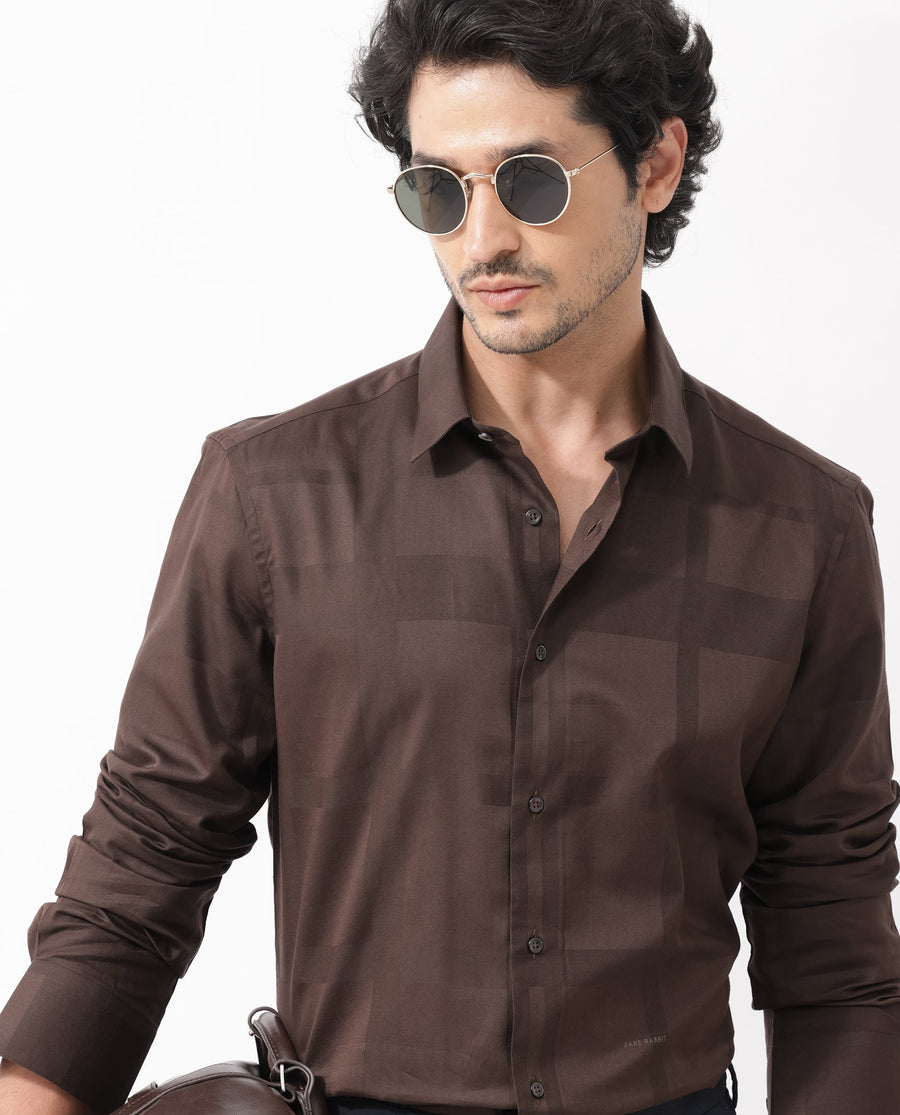 Rare Rabbit Men's Boxline5 Brown Cotton Blend Checked Print Regular Fit Full Sleeve Collared Shirt