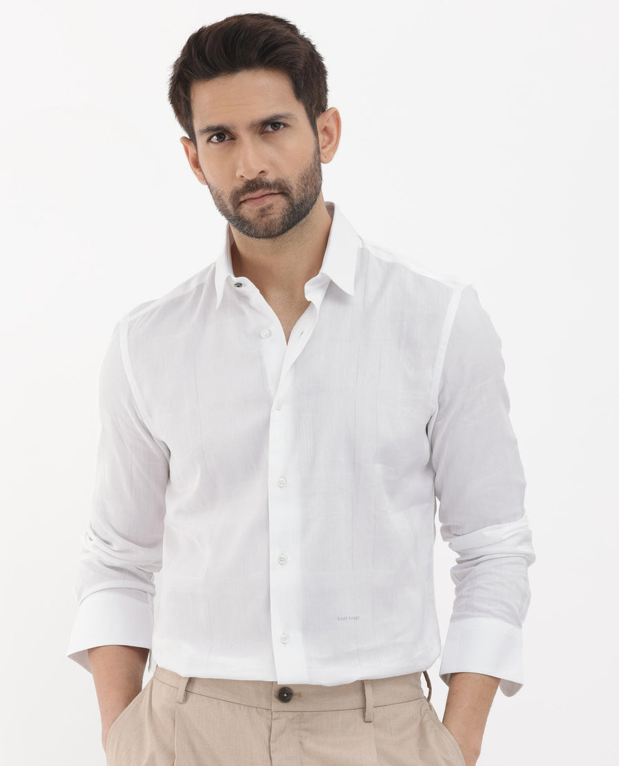 Rare Rabbit Men's Boxline 5 White Cotton Blend Checked Print Regular Fit Full Sleeve Collared Shirt