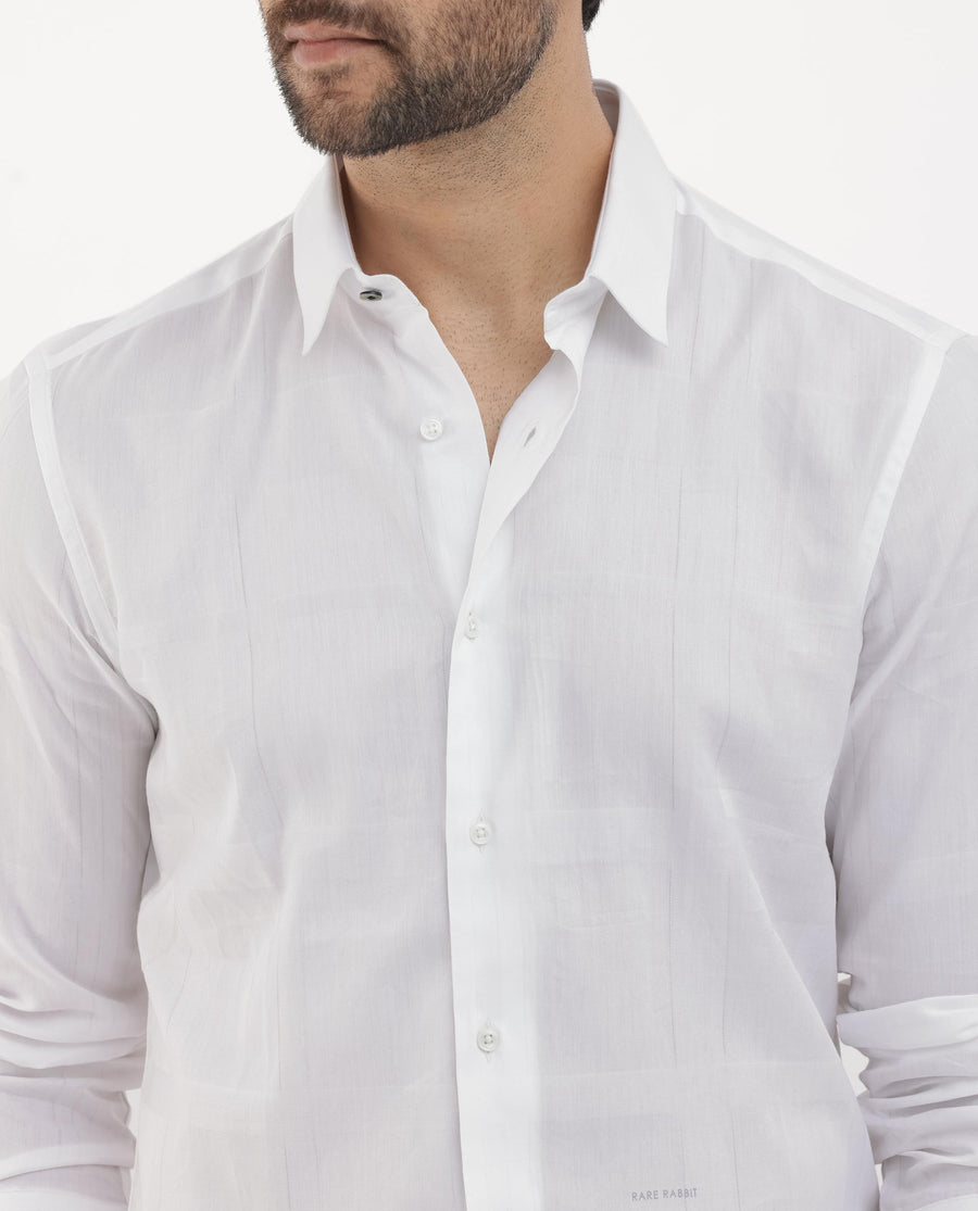 Rare Rabbit Men's Boxline 5 White Cotton Blend Checked Print Regular Fit Full Sleeve Collared Shirt