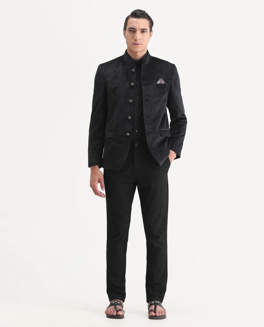 Rare Rabbit Men's Bozelli Black Velvet Plain Tailored Fit Full Sleeve Mandarin Collar Bandhgala Jodhpuri