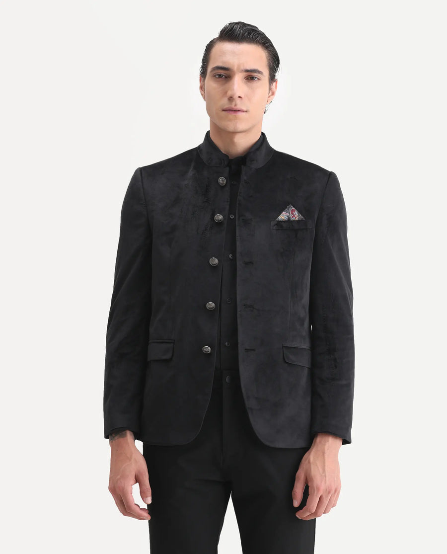 Rare Rabbit Men's Bozelli Black Velvet Plain Tailored Fit Full Sleeve Mandarin Collar Bandhgala Jodhpuri