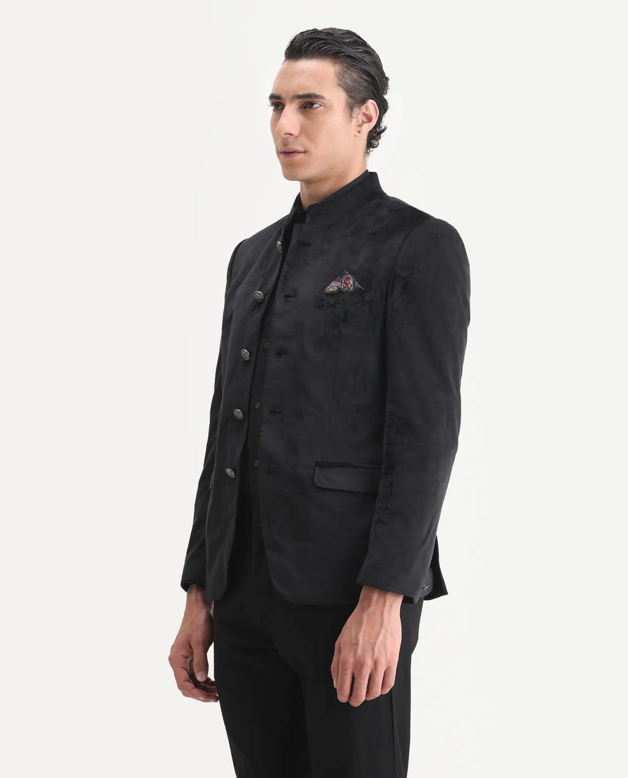 Rare Rabbit Men's Bozelli Black Velvet Plain Tailored Fit Full Sleeve Mandarin Collar Bandhgala Jodhpuri