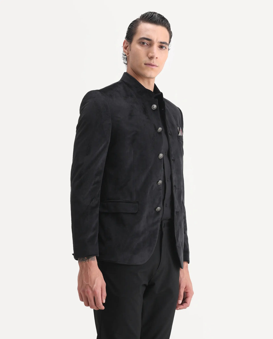 Rare Rabbit Men's Bozelli Black Velvet Plain Tailored Fit Full Sleeve Mandarin Collar Bandhgala Jodhpuri