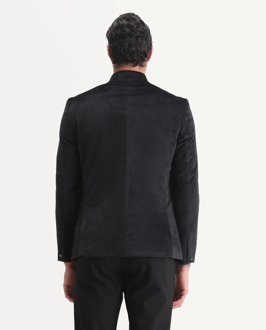 Rare Rabbit Men's Bozelli Black Velvet Plain Tailored Fit Full Sleeve Mandarin Collar Bandhgala Jodhpuri