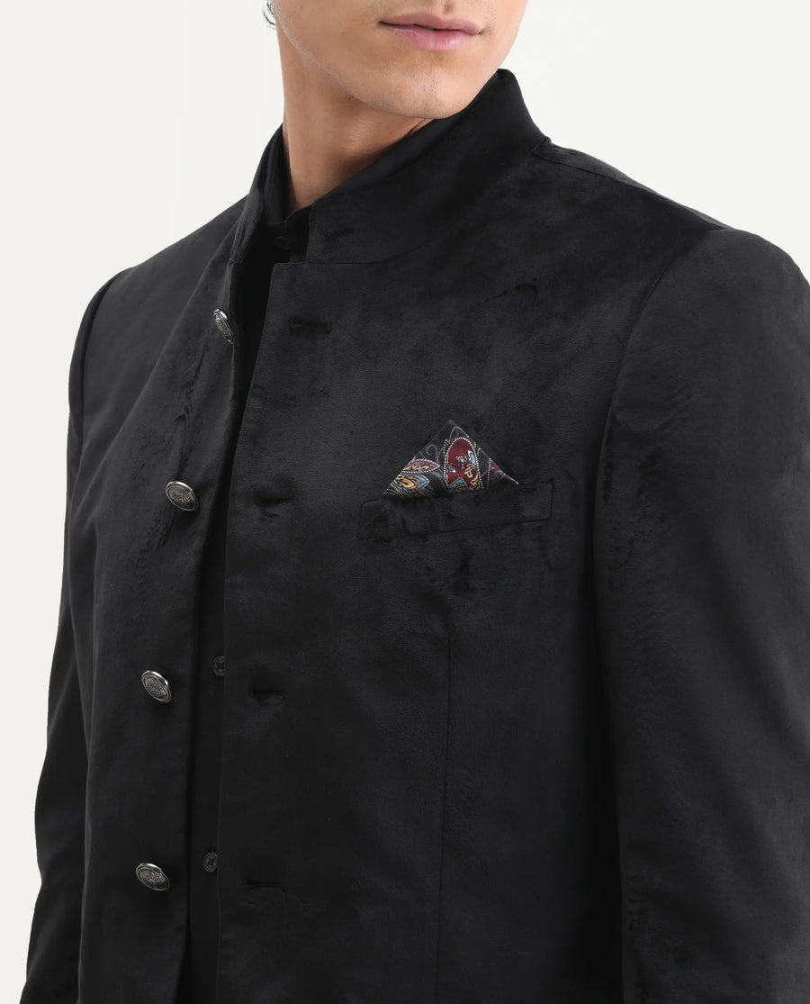 Rare Rabbit Men's Bozelli Black Velvet Plain Tailored Fit Full Sleeve Mandarin Collar Bandhgala Jodhpuri