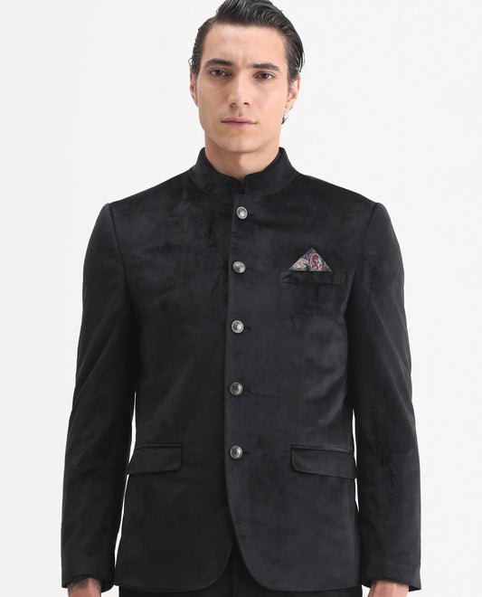 Rare Rabbit Men's Bozelli Black Velvet Plain Tailored Fit Full Sleeve Mandarin Collar Bandhgala Jodhpuri