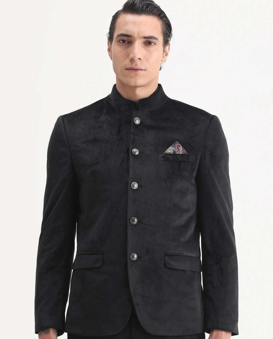 Rare Rabbit Men's Bozelli Black Velvet Plain Tailored Fit Full Sleeve Mandarin Collar Bandhgala Jodhpuri