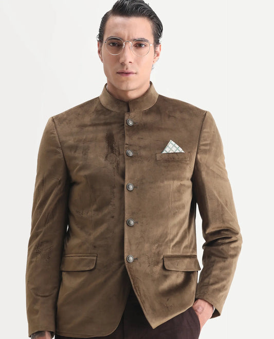 Rare Rabbit Men's Bozelli Olive Velvet Plain Tailored Fit Full Sleeve Mandarin Collar Bandhgala Jodhpuri