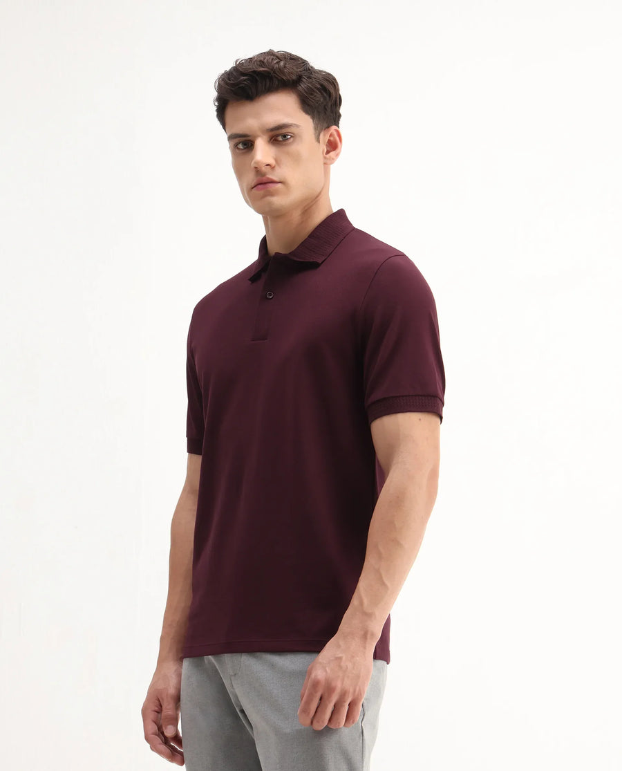Rare Rabbit Men's Braf Dark Maroon Cotton Blend Plain Regular Fit Half Sleeve Polo