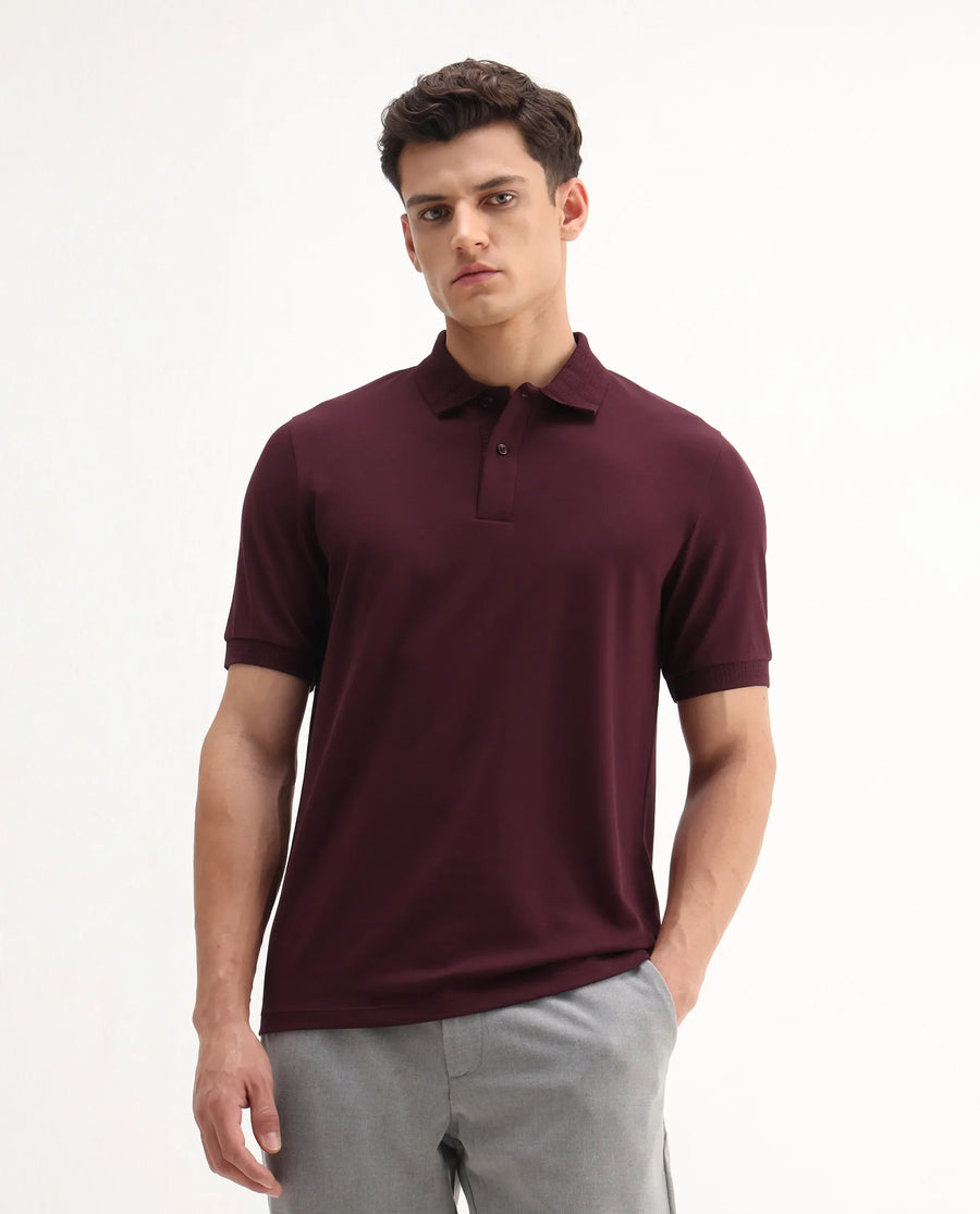 Rare Rabbit Men's Braf Dark Maroon Cotton Blend Plain Regular Fit Half Sleeve Polo