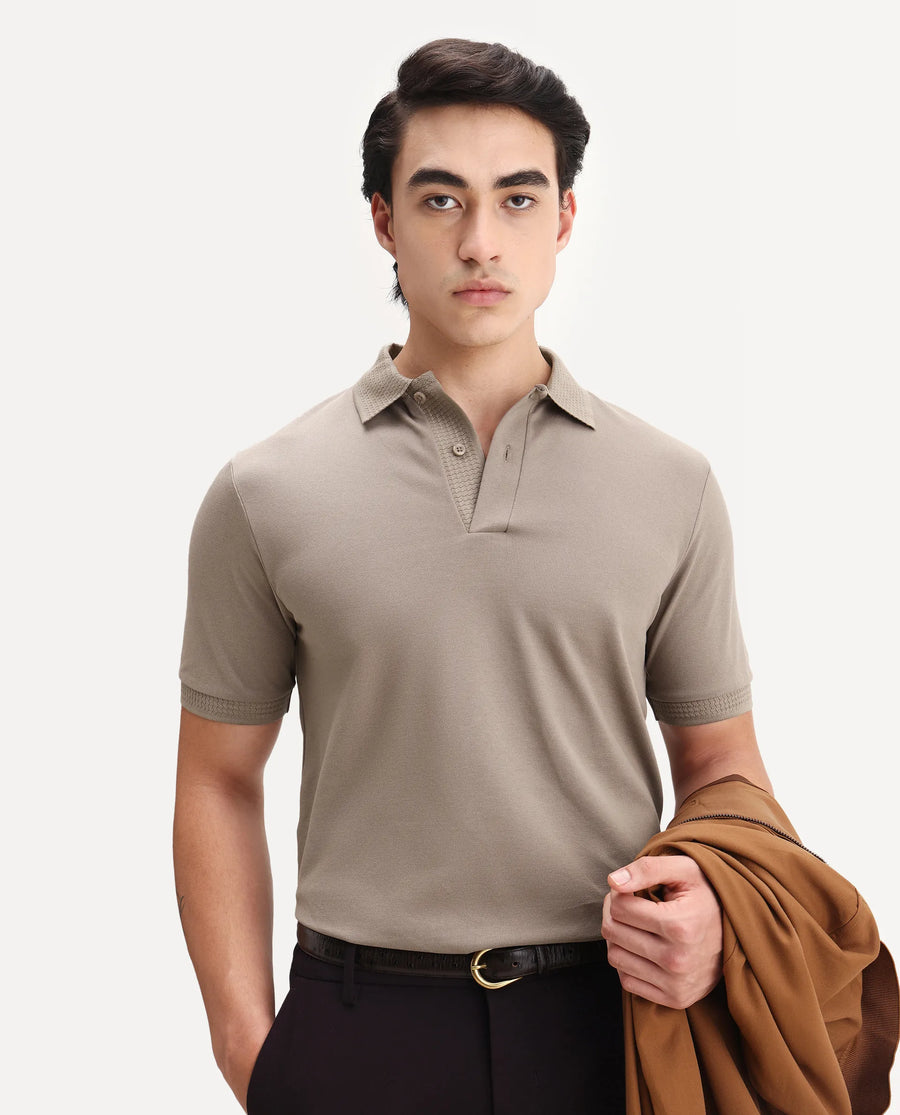 Rare Rabbit Men's Braf Dusky Brown Cotton Blend Plain Regular Fit Half Sleeve Polo