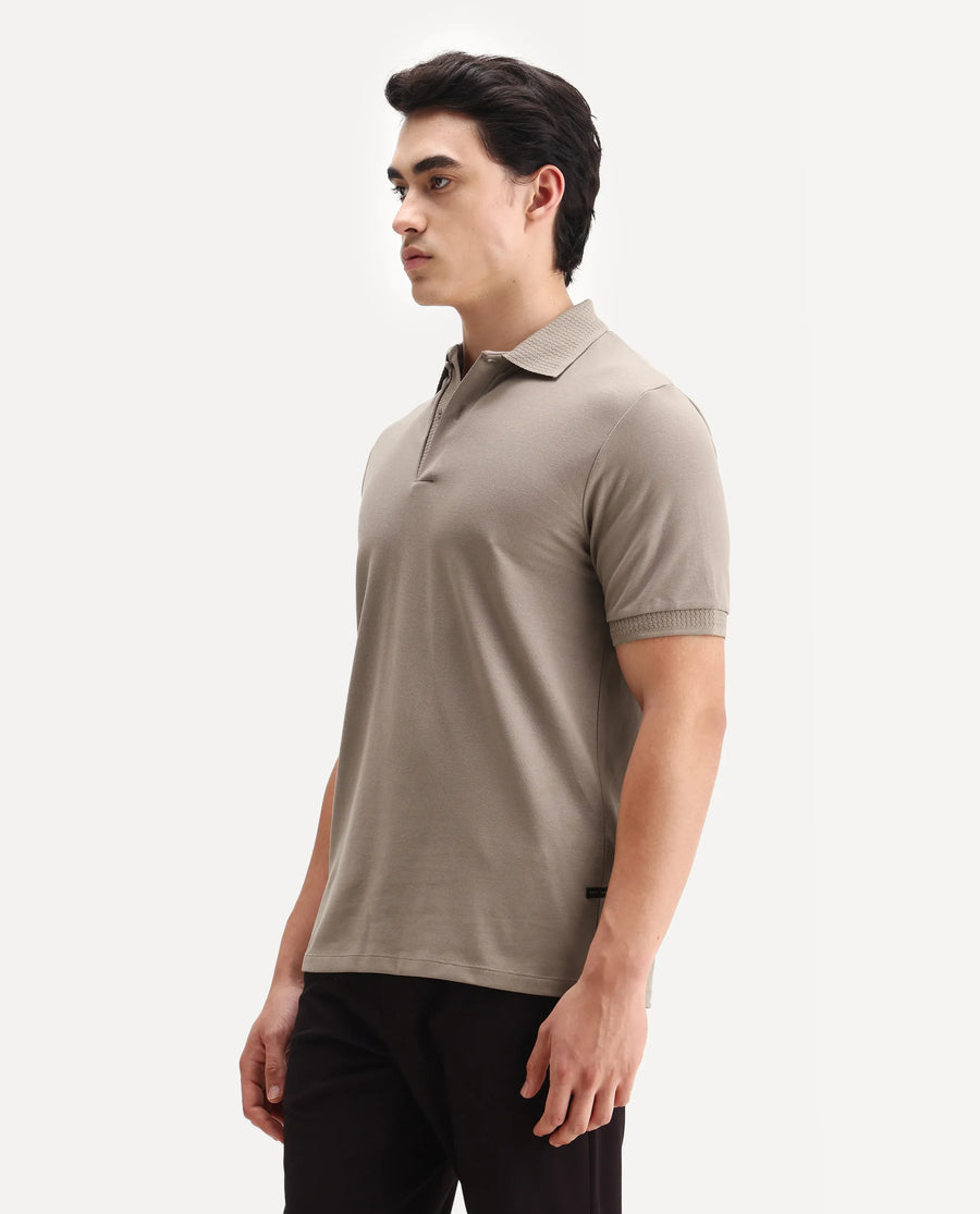 Rare Rabbit Men's Braf Dusky Brown Cotton Blend Plain Regular Fit Half Sleeve Polo