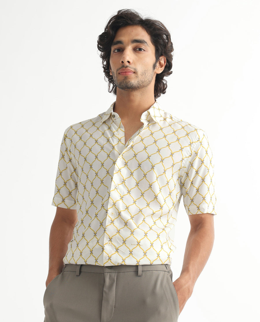Rare Rabbit Men's Braga White Viscose Geometric Print Regular Fit Half Sleeve Collared Shirt