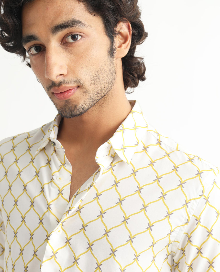 Rare Rabbit Men's Braga White Viscose Geometric Print Regular Fit Half Sleeve Collared Shirt