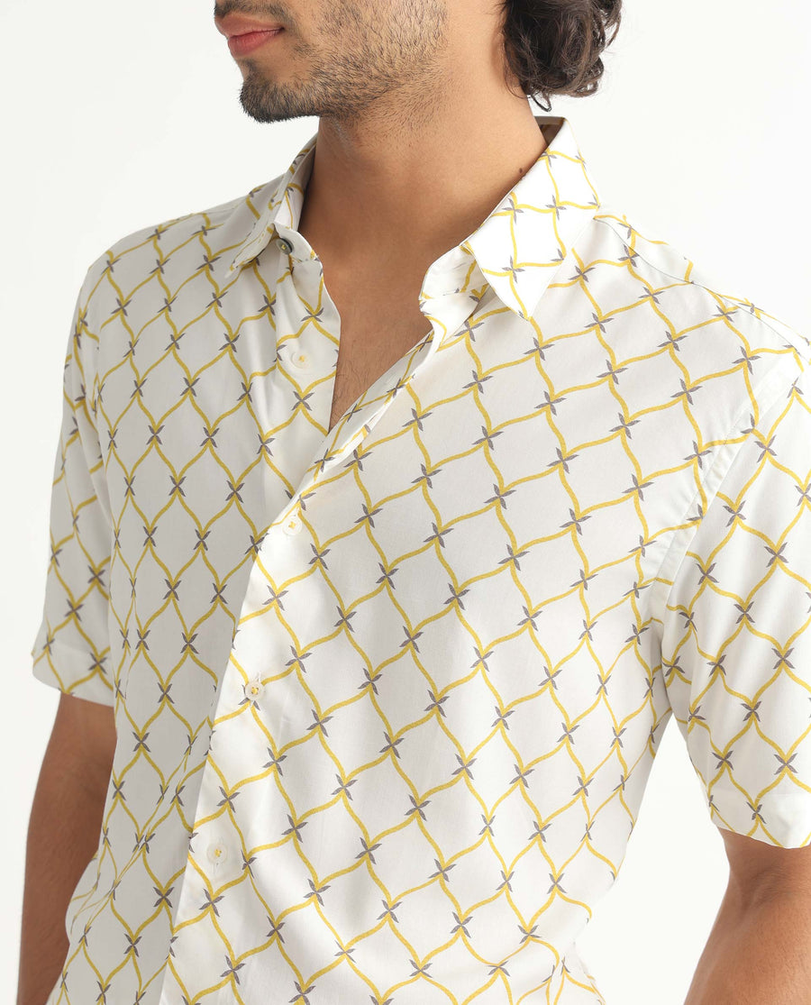 Rare Rabbit Men's Braga White Viscose Geometric Print Regular Fit Half Sleeve Collared Shirt