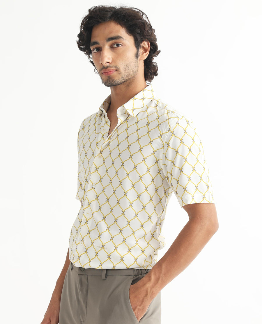Rare Rabbit Men's Braga White Viscose Geometric Print Regular Fit Half Sleeve Collared Shirt