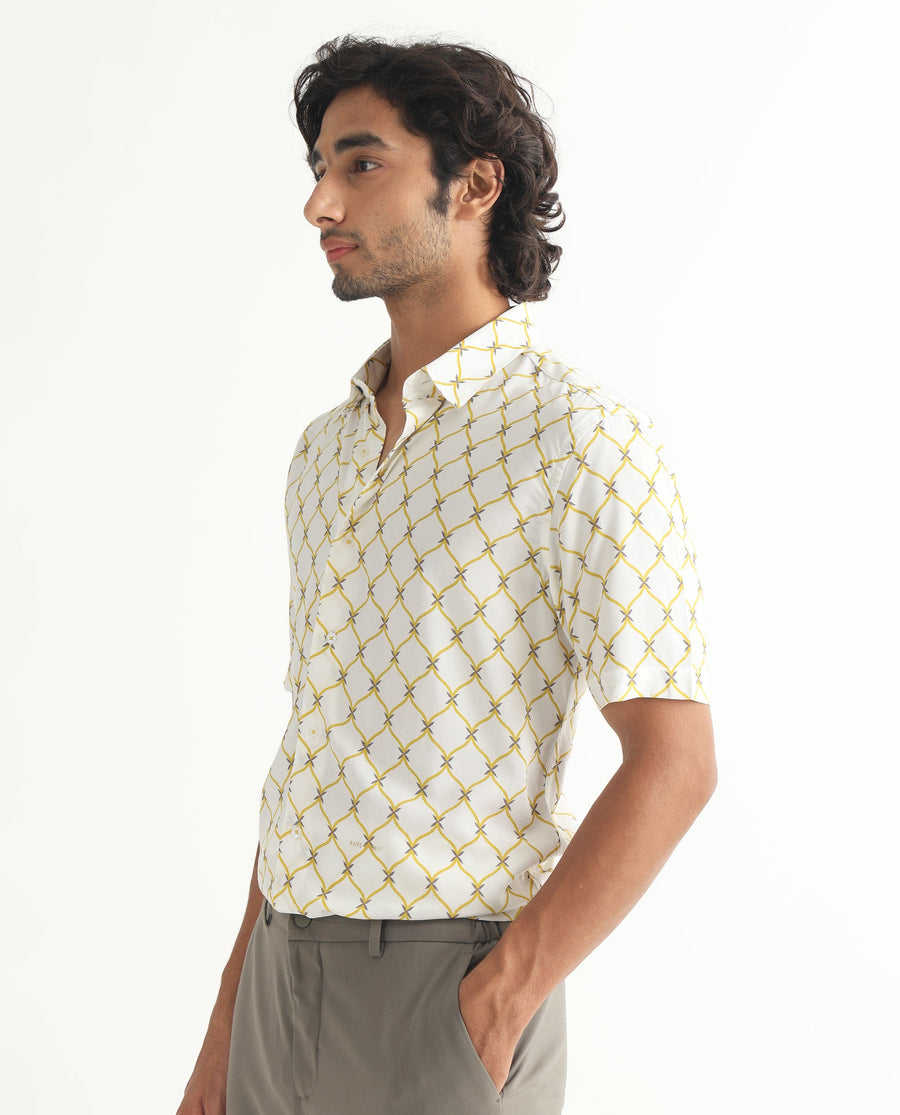 Rare Rabbit Men's Braga White Viscose Geometric Print Regular Fit Half Sleeve Collared Shirt