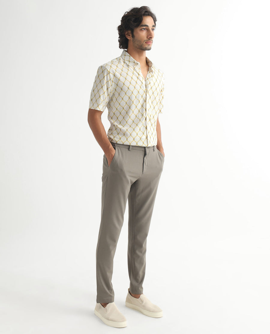 Rare Rabbit Men's Braga White Viscose Geometric Print Regular Fit Half Sleeve Collared Shirt