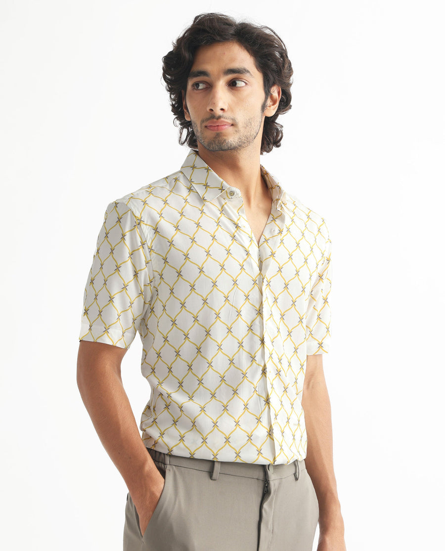 Rare Rabbit Men's Braga White Viscose Geometric Print Regular Fit Half Sleeve Collared Shirt