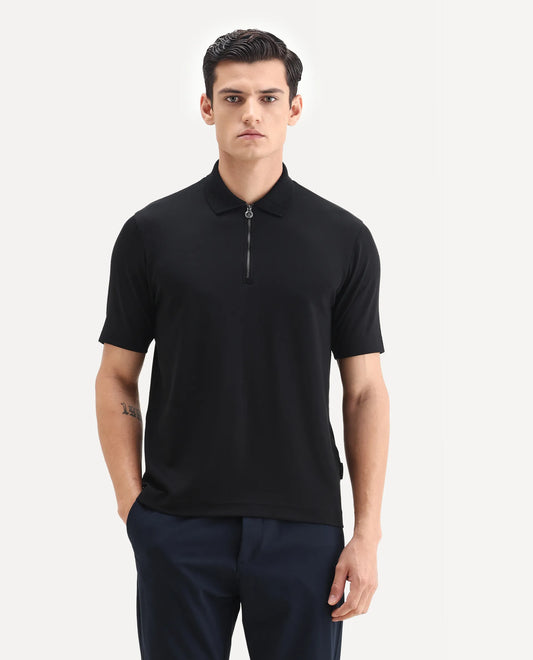 Rare Rabbit Men's Braido Black Cotton Blend Fabric Half Sleeve Spread Collar Plain Polo
