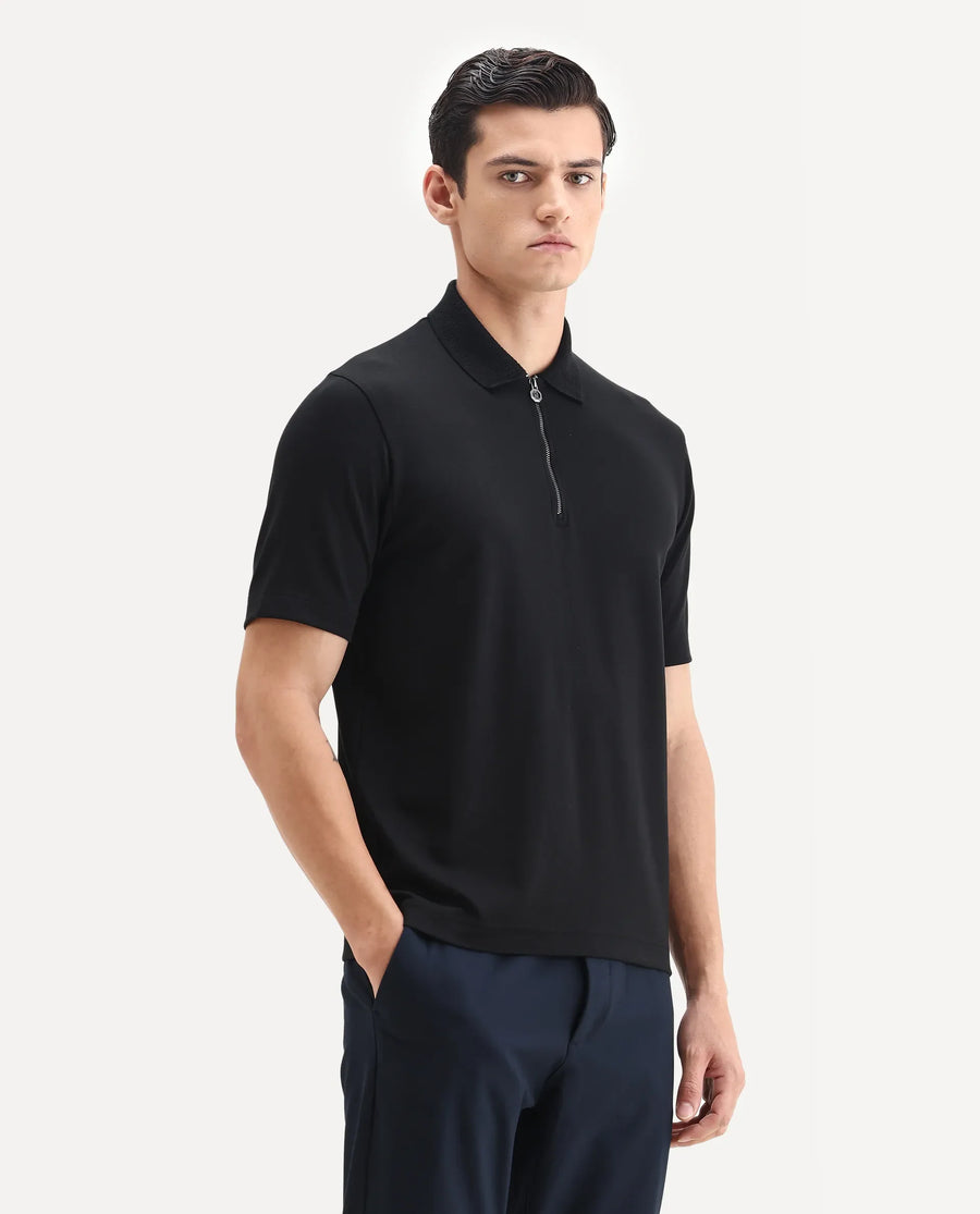 Rare Rabbit Men's Braido Black Cotton Blend Fabric Half Sleeve Spread Collar Plain Polo