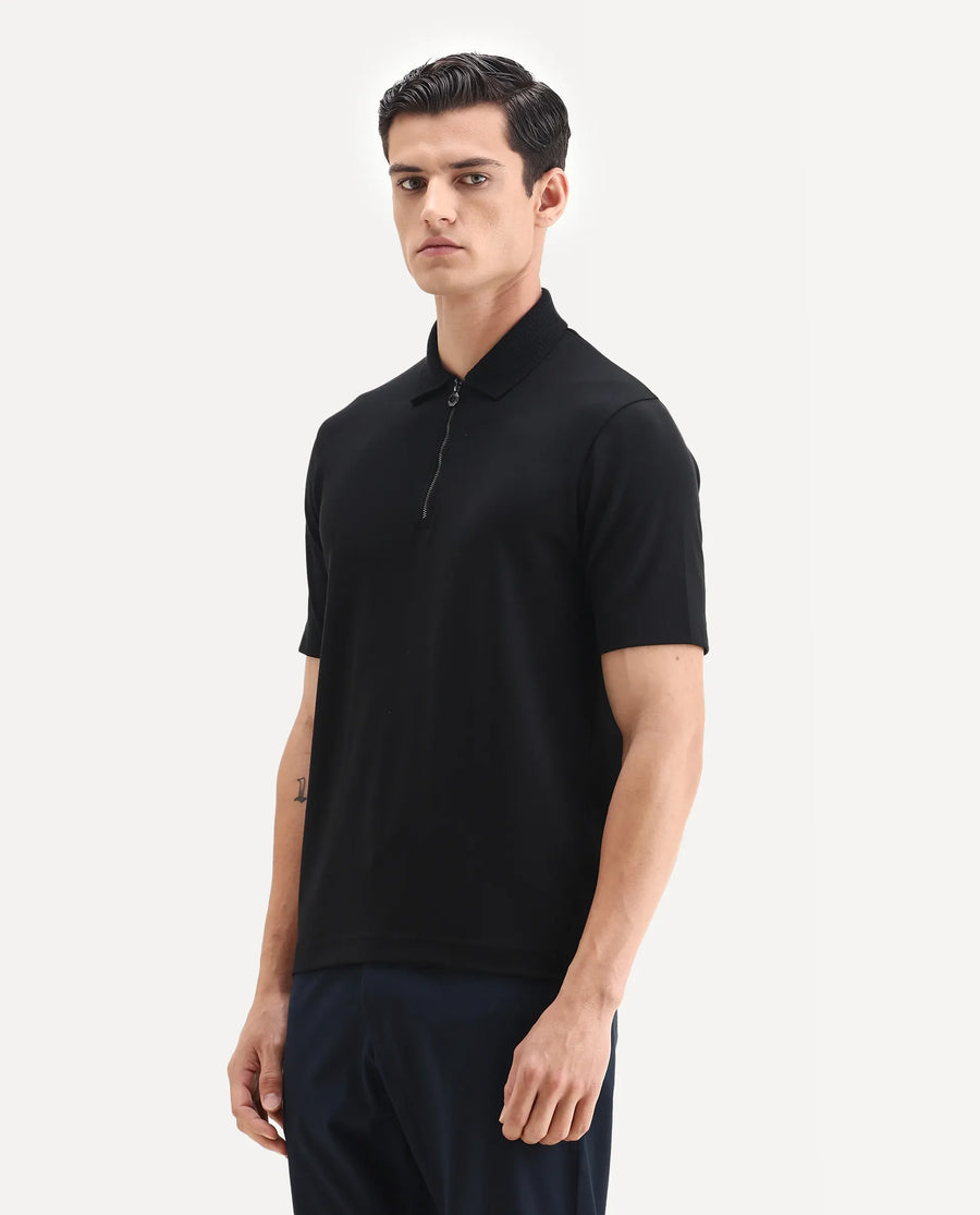 Rare Rabbit Men's Braido Black Cotton Blend Fabric Half Sleeve Spread Collar Plain Polo