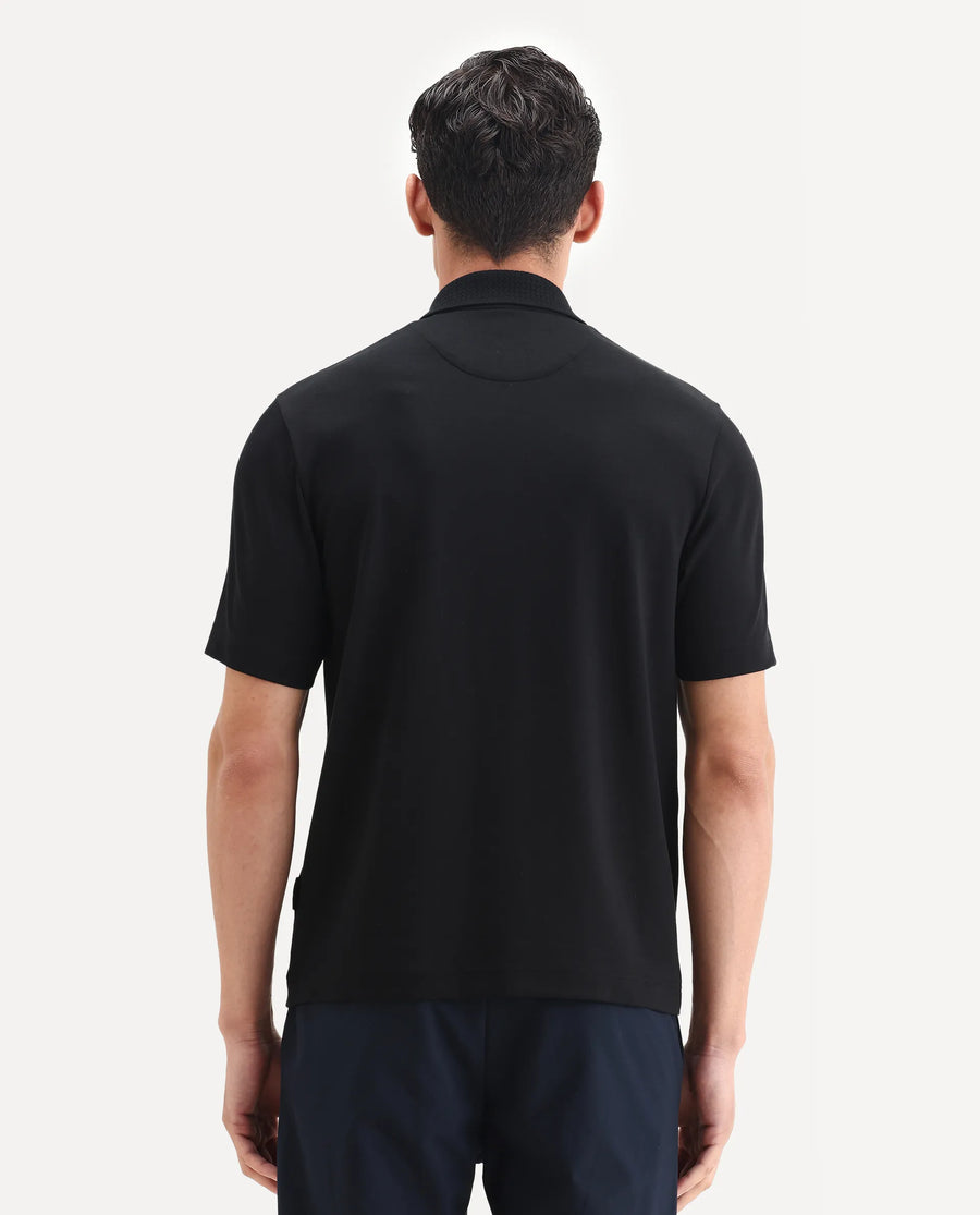 Rare Rabbit Men's Braido Black Cotton Blend Fabric Half Sleeve Spread Collar Plain Polo