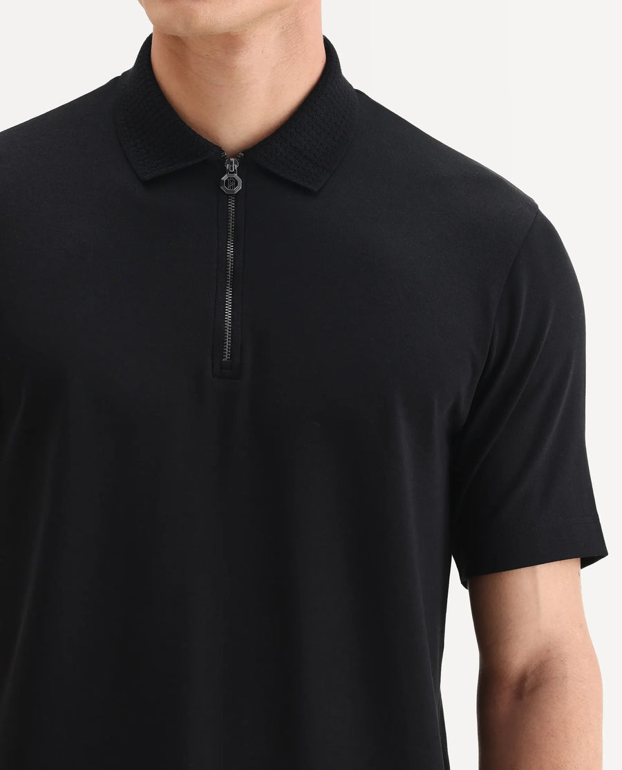 Rare Rabbit Men's Braido Black Cotton Blend Fabric Half Sleeve Spread Collar Plain Polo